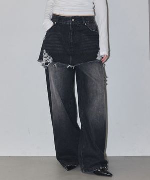 Layered Skirt Denim Pants Black