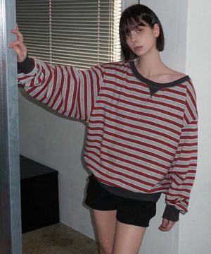 Striped Off-Shoulder Sweatshirt Red