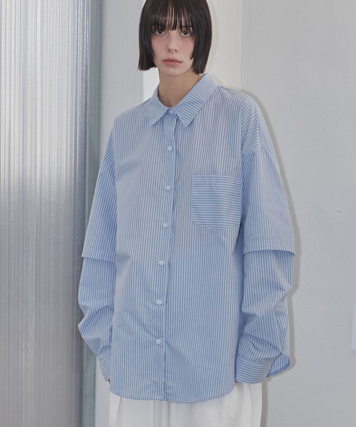 렌세(RENSE) Striped Layered Shirt Blue