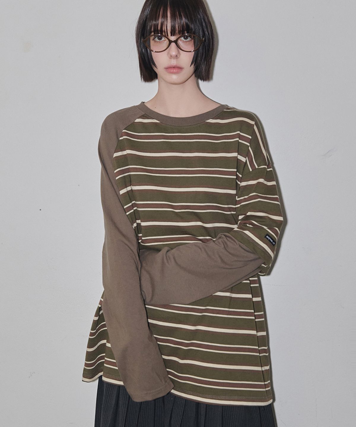 렌세(RENSE) Striped Mixed Sleeve T-Shirt Khaki