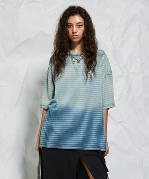 스트라이프 블리치 워싱 티셔츠_블루