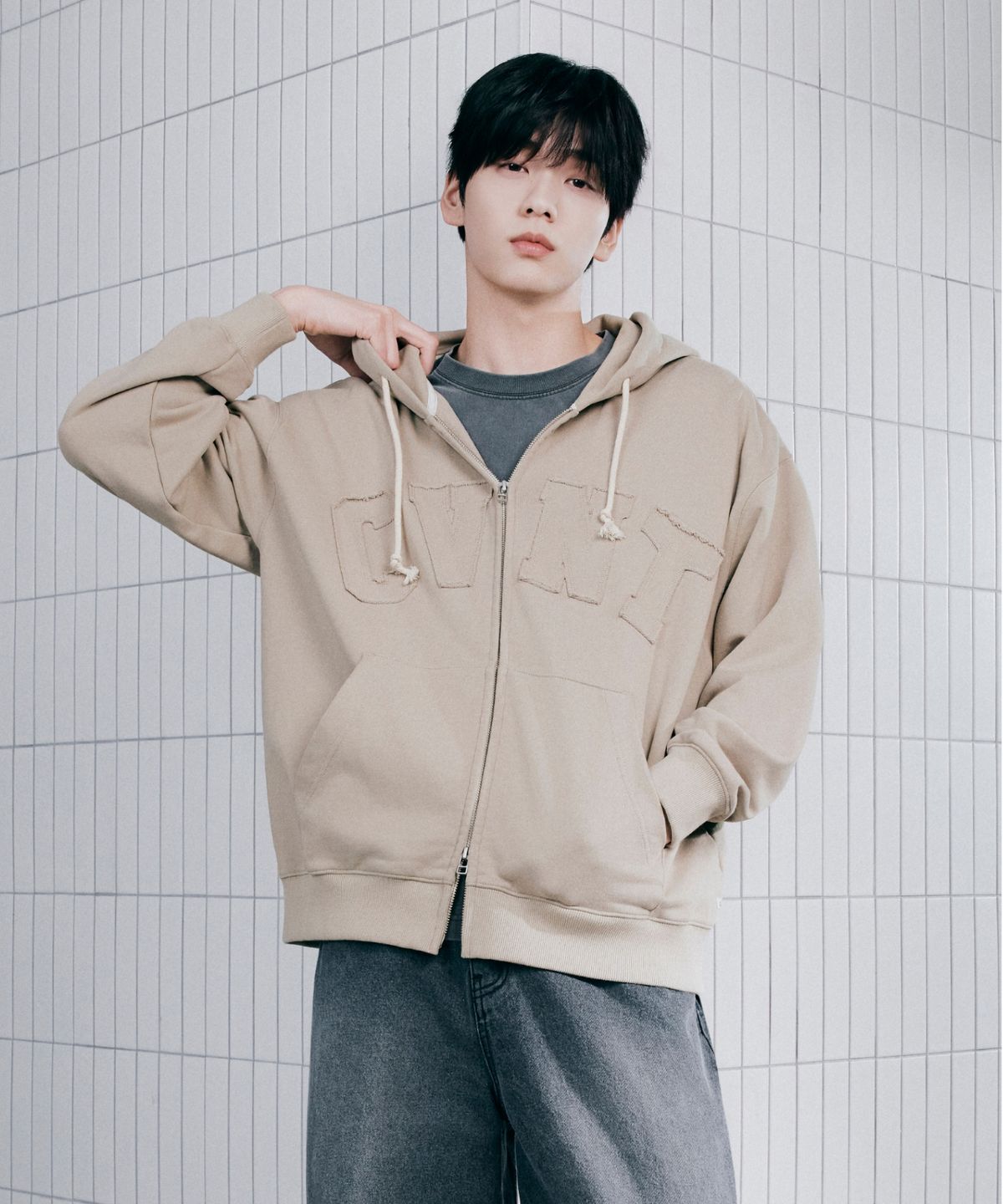 커버낫(COVERNAT) CVNT 빈티지 후드집업 라이트 카키