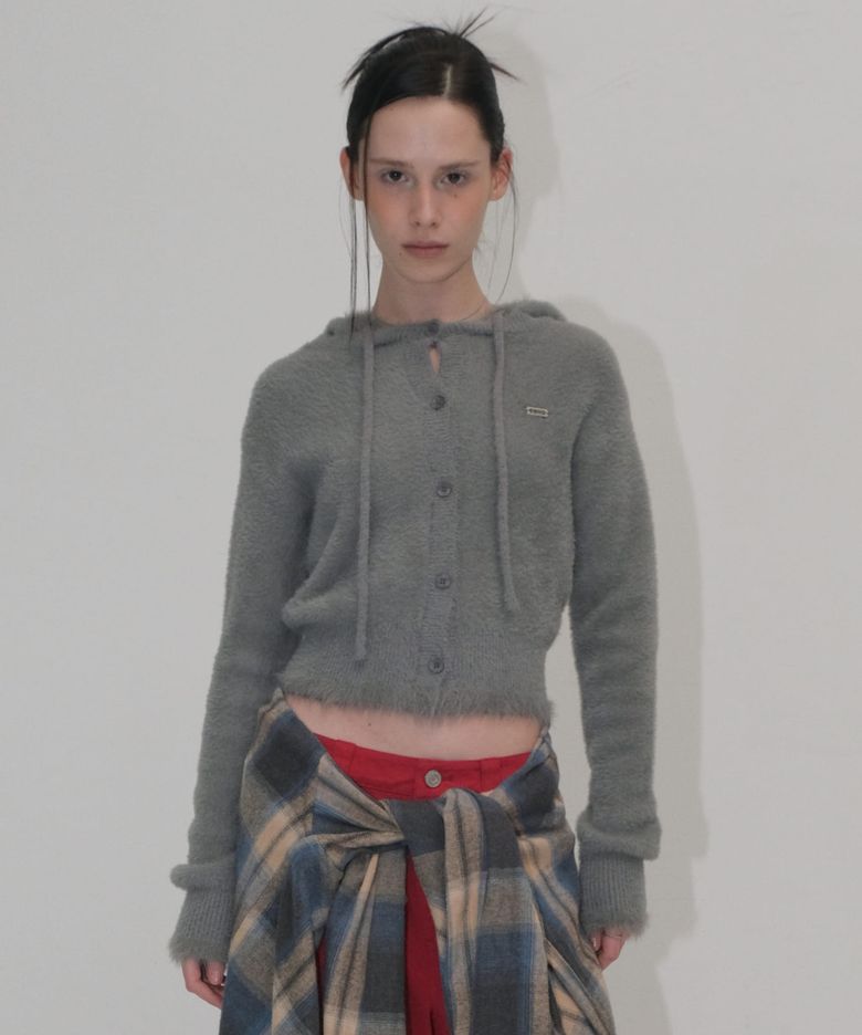 HOOD HAIRY CARDIGAN [GRAY]