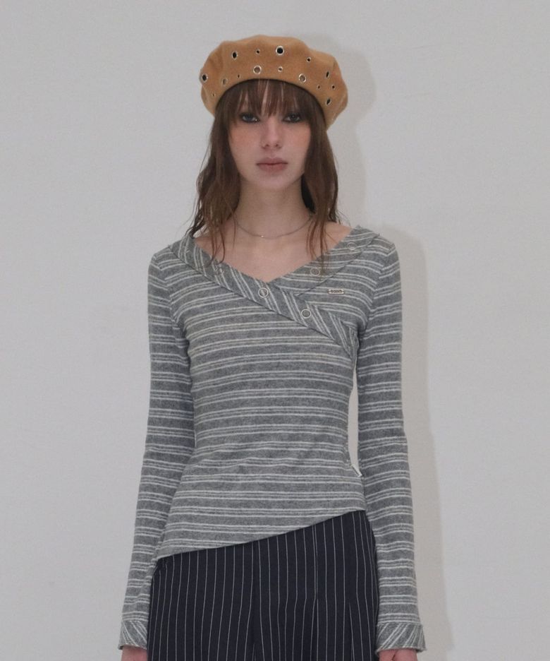 STRIPE V NECK T-SHIRT [GRAY]