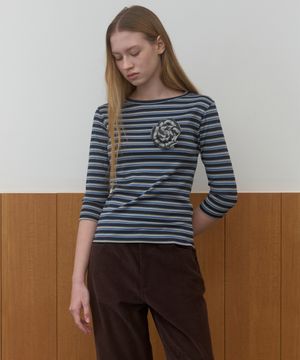 STRIPE 3/4 SLEEVE T-SHIRT_NAVY/BLUE