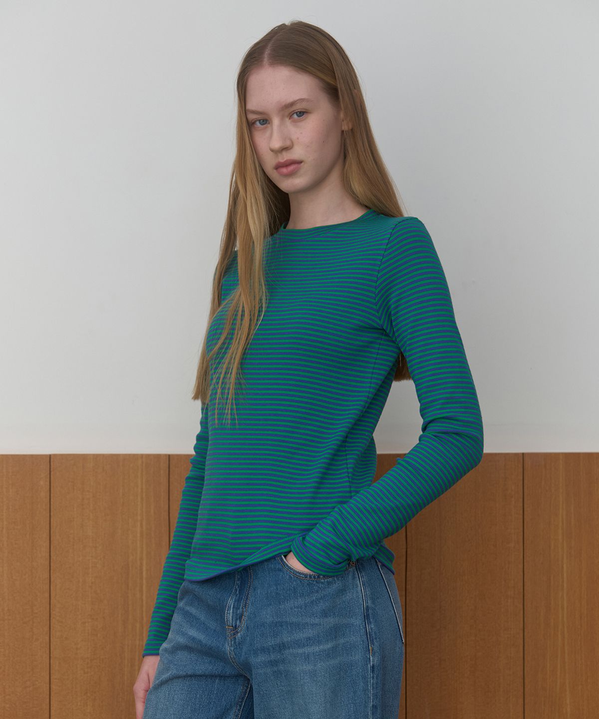 마조네(MA JOURNEE) STRIPE LONG SLEEVE T-SHIRT_GREEN/BLUE
