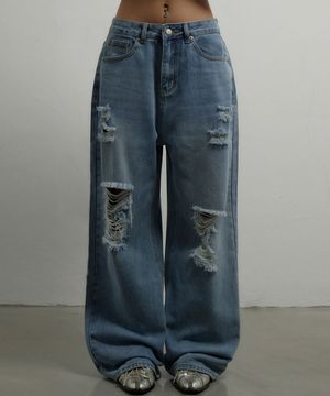 빈티지 데미지 와이드 데님 팬츠 중청