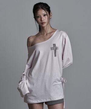 크로스 라인 오프숄더 티셔츠 핑크