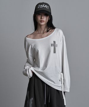 크로스 라인 오프숄더 티셔츠 화이트