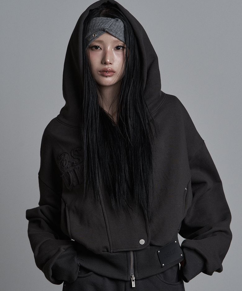 하이드 크롭 후드 집업 차콜