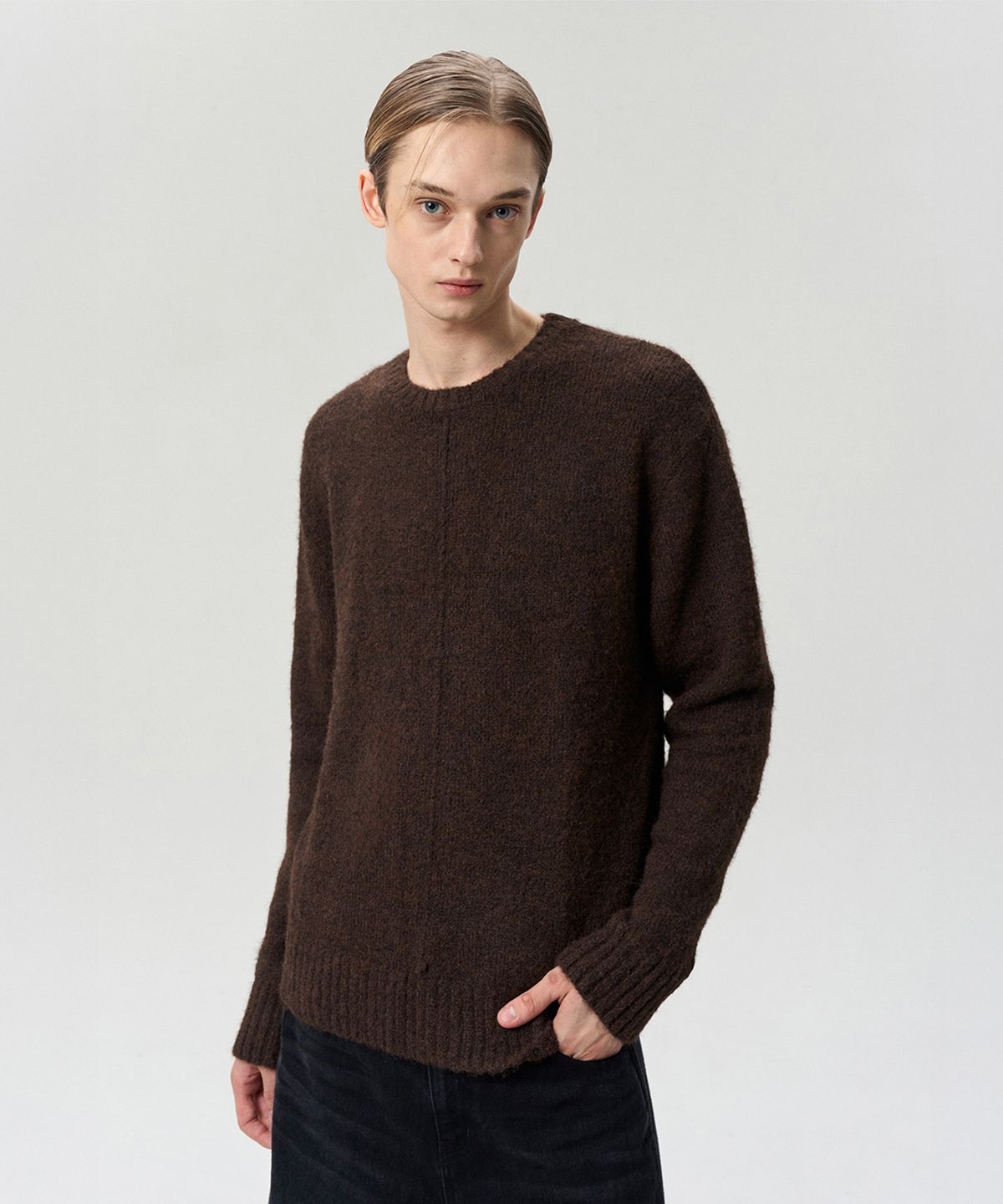리이 맨(RERHEE MEN) UNISEX WOOL BLEND KNIT TOP CHOCOLATE