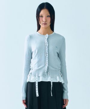 SIDE BUTTON RUFFLE CARDIGAN [LIGHT GREY]