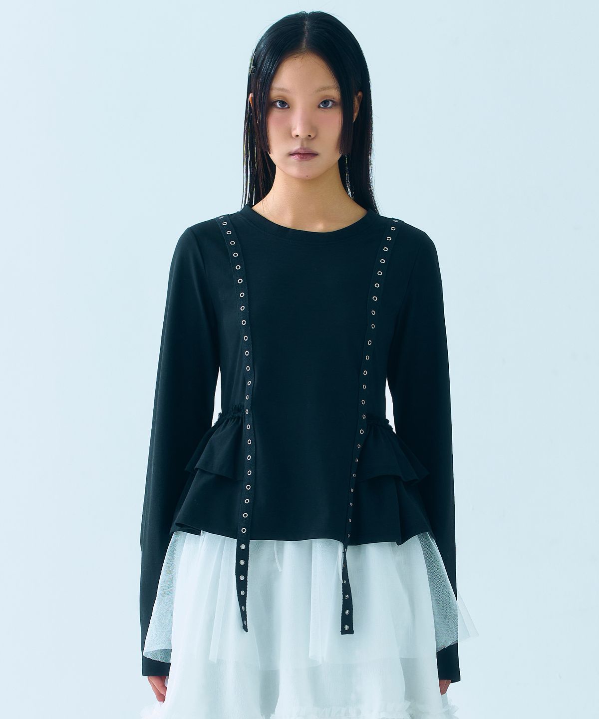 뚜오미오(TUOMIO) RUFFLE BELTED LONG SLEEVES [BLACK]