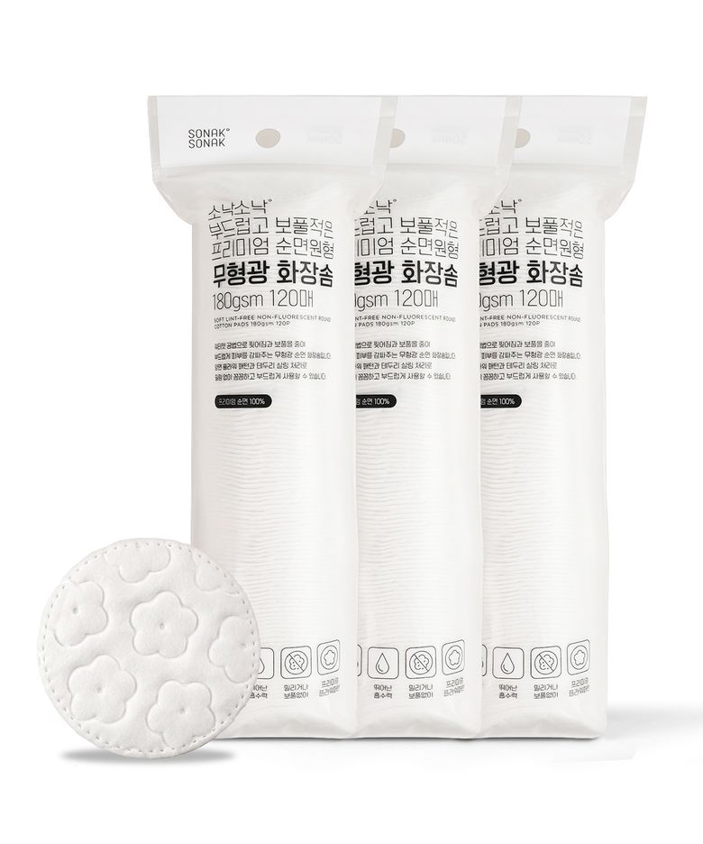 부드럽고 보풀적은 프리미엄 순면원형 무형광 화장솜 180gsm 120매 X 3세트