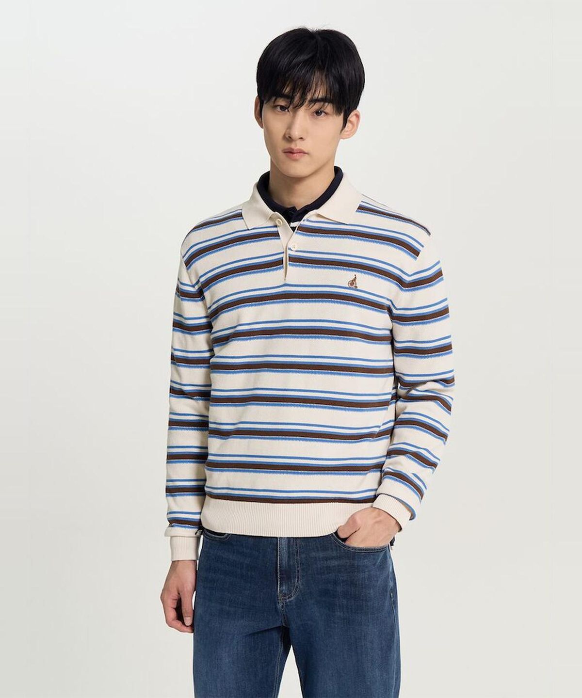 빈폴 멘(BEANPOLE MEN) 멀티 스트라이프 칼라넥 니트  베이지