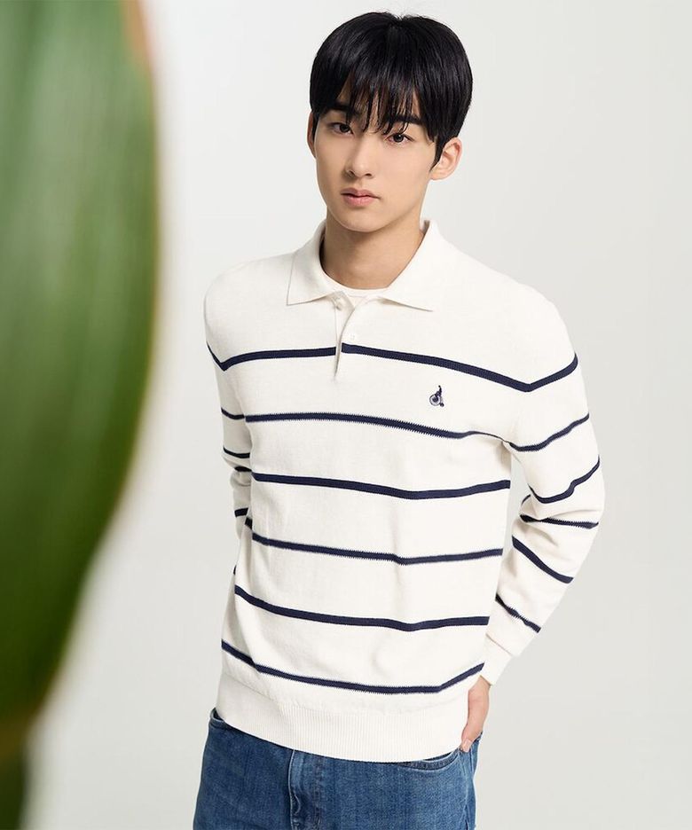 스트라이프 칼라넥 니트  아이보리