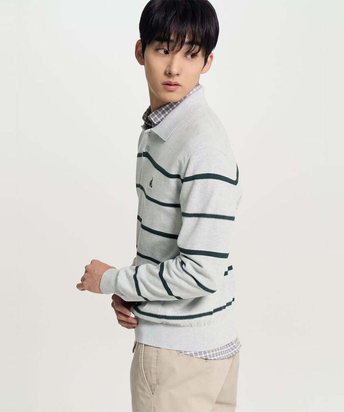 빈폴 멘(BEANPOLE MEN) 스트라이프 칼라넥 니트  그레이