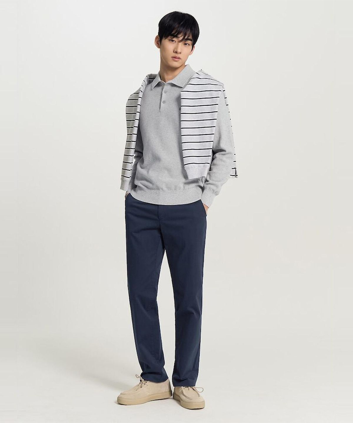 빈폴 멘(BEANPOLE MEN) 코튼 베이직 칼라넥 니트  그레이