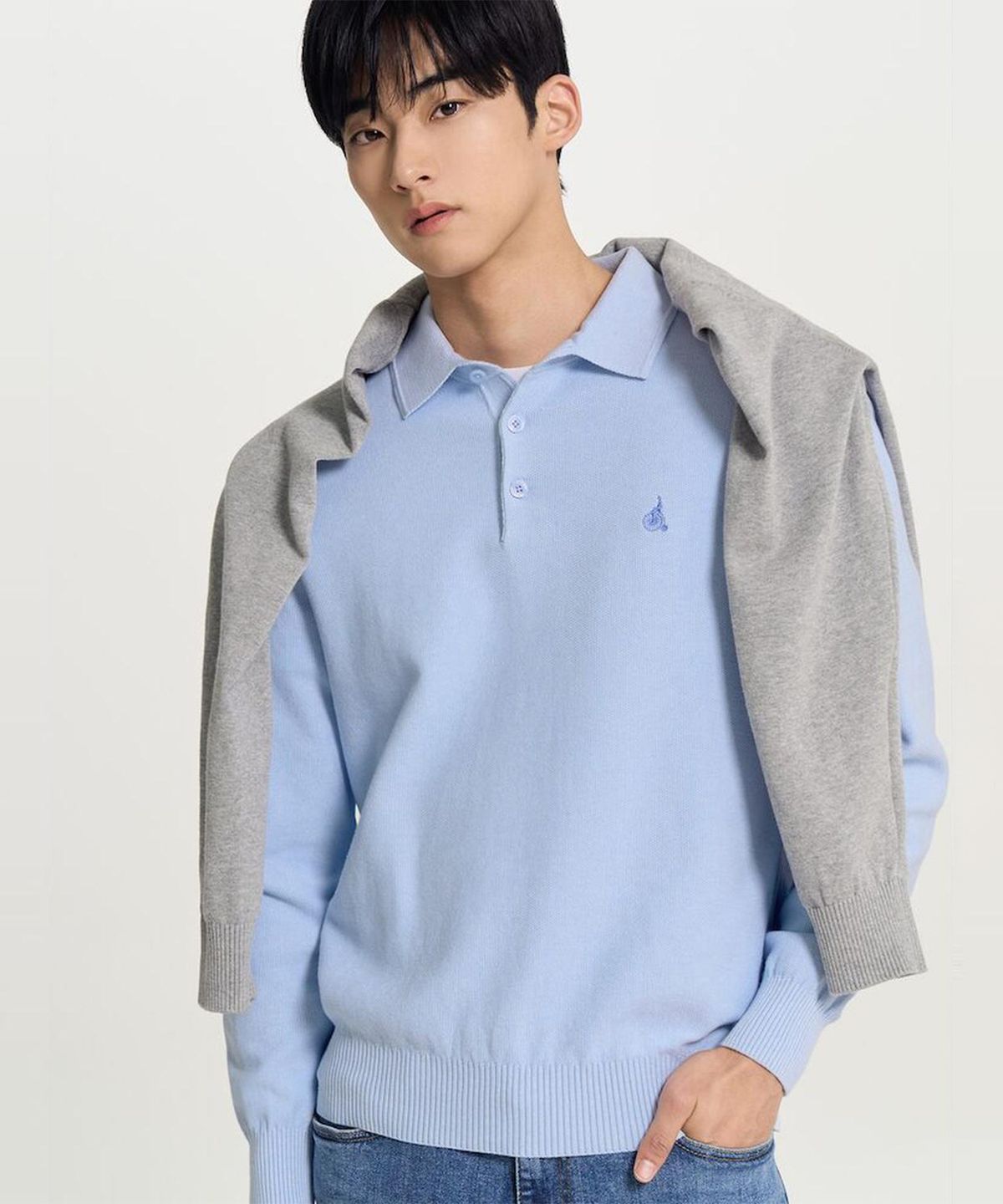 빈폴 멘(BEANPOLE MEN) 코튼 베이직 칼라넥 니트  스카이 블루