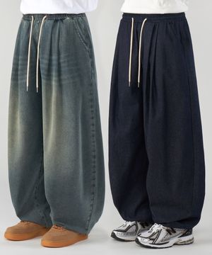 라이크 린넨 투턱 와이드 벌룬 데님 밴딩팬츠 4Color