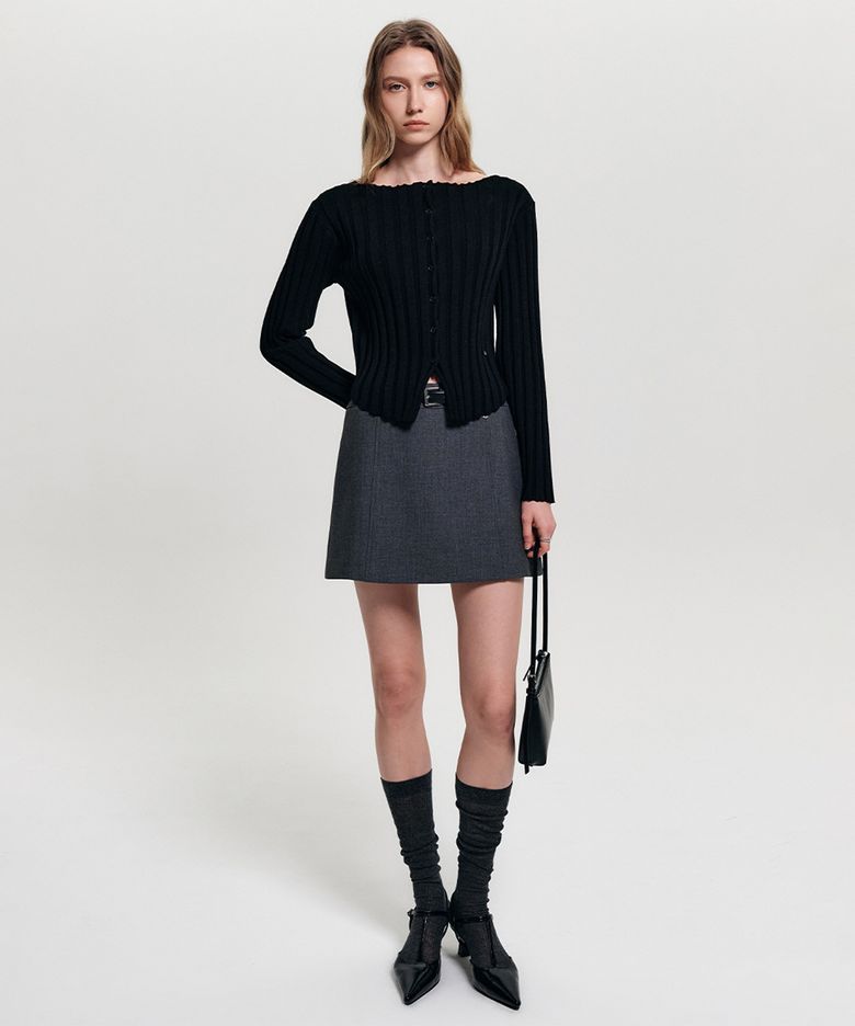 미레이 리브드 버튼 니트 가디건_블랙 / MIREILLE RIBBED BUTTON KNIT CARDIGAN_BLACK