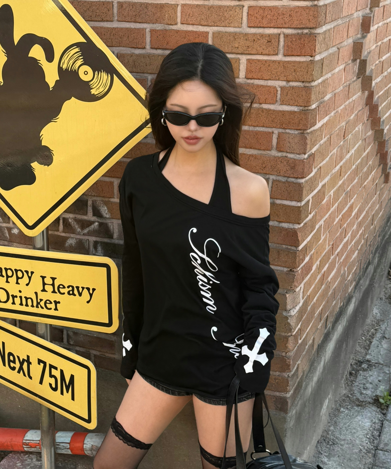 LOOSE FIT LONG SLEEVE AND HALTER SET BLACK