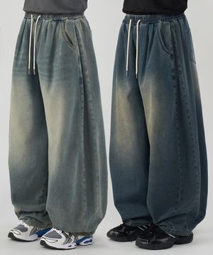 프론트 사이드 투턱 와이드 벌룬 데님팬츠 4Color