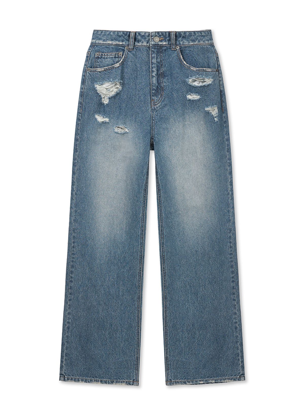 마뗑킴(MATIN KIM) BACK POCKET PATCH DESTROYED DENIM PANTS IN BLUE