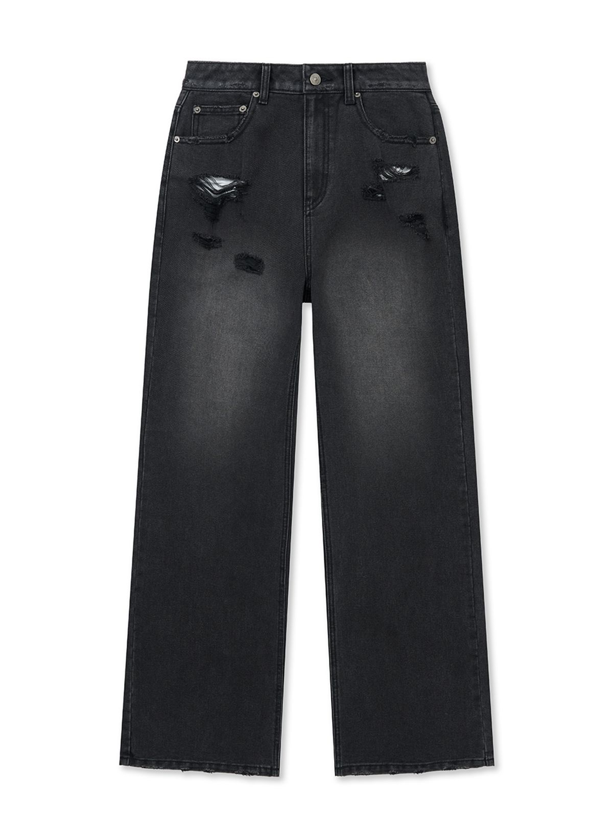 마뗑킴(MATIN KIM) BACK POCKET PATCH DESTROYED DENIM PANTS IN BLACK