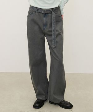 (우먼)벨티드 워싱 커브드 팬츠 블루 그레이