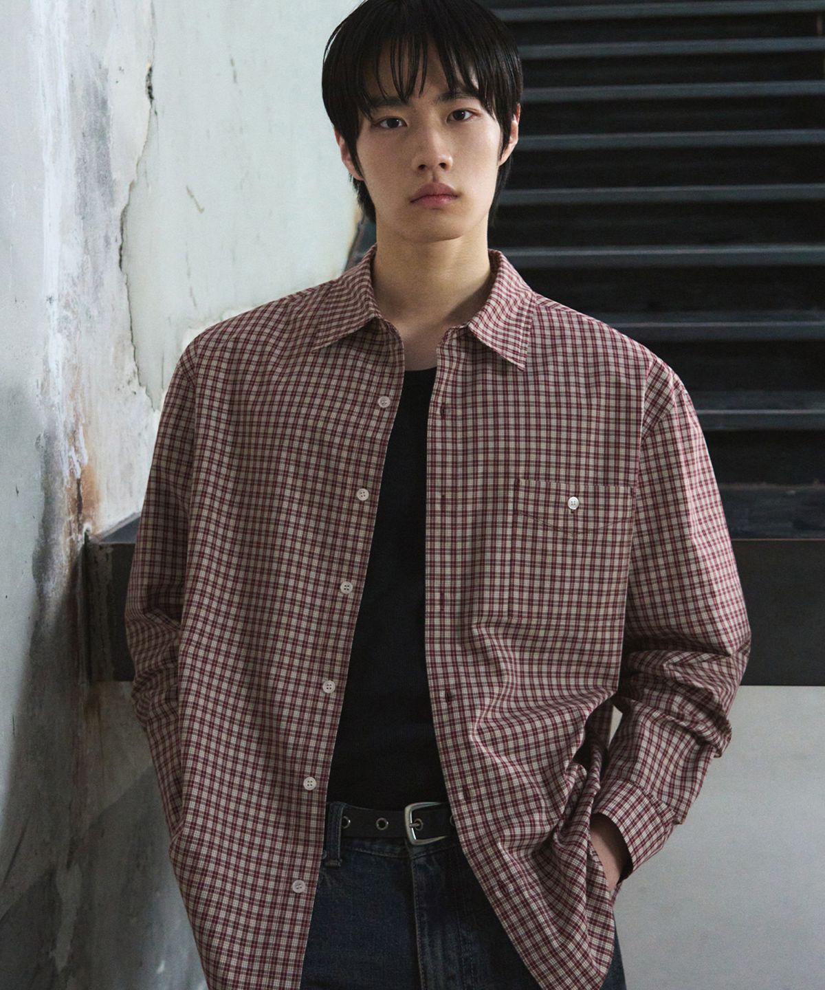 드로우핏(DRAW FIT) 로웬 원포켓 크롭 체크 셔츠 [RUSTY RED]
