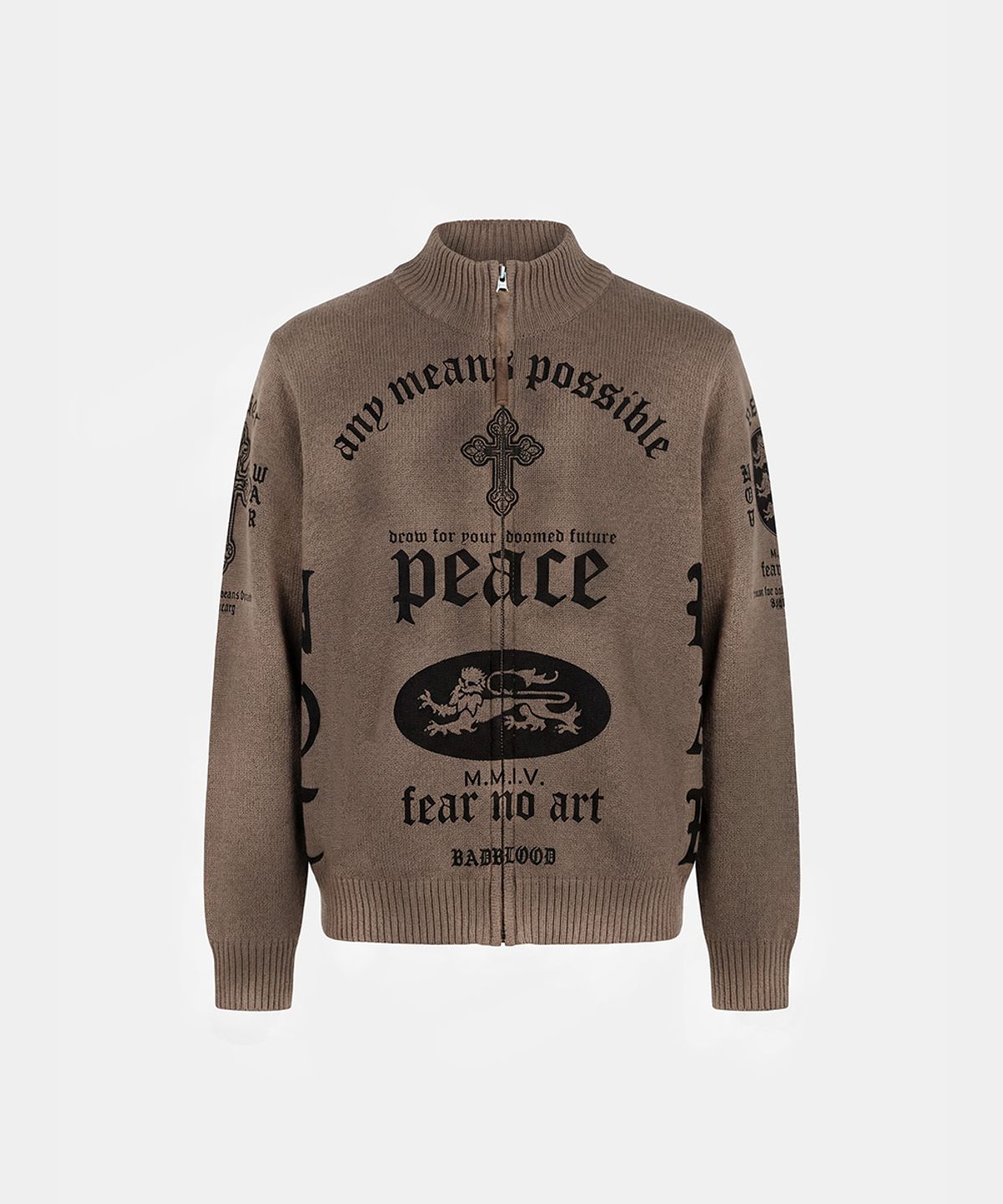 배드블러드(BADBLOOD) PEACE NOT WAR Full-Zip Knit Track Top - Beige