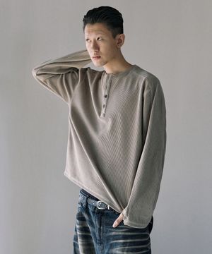빈티지 와플 헨리넥 롱 슬리브 - 베이지