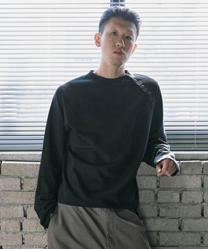 코튼 스냅 롱 슬리브 - 블랙