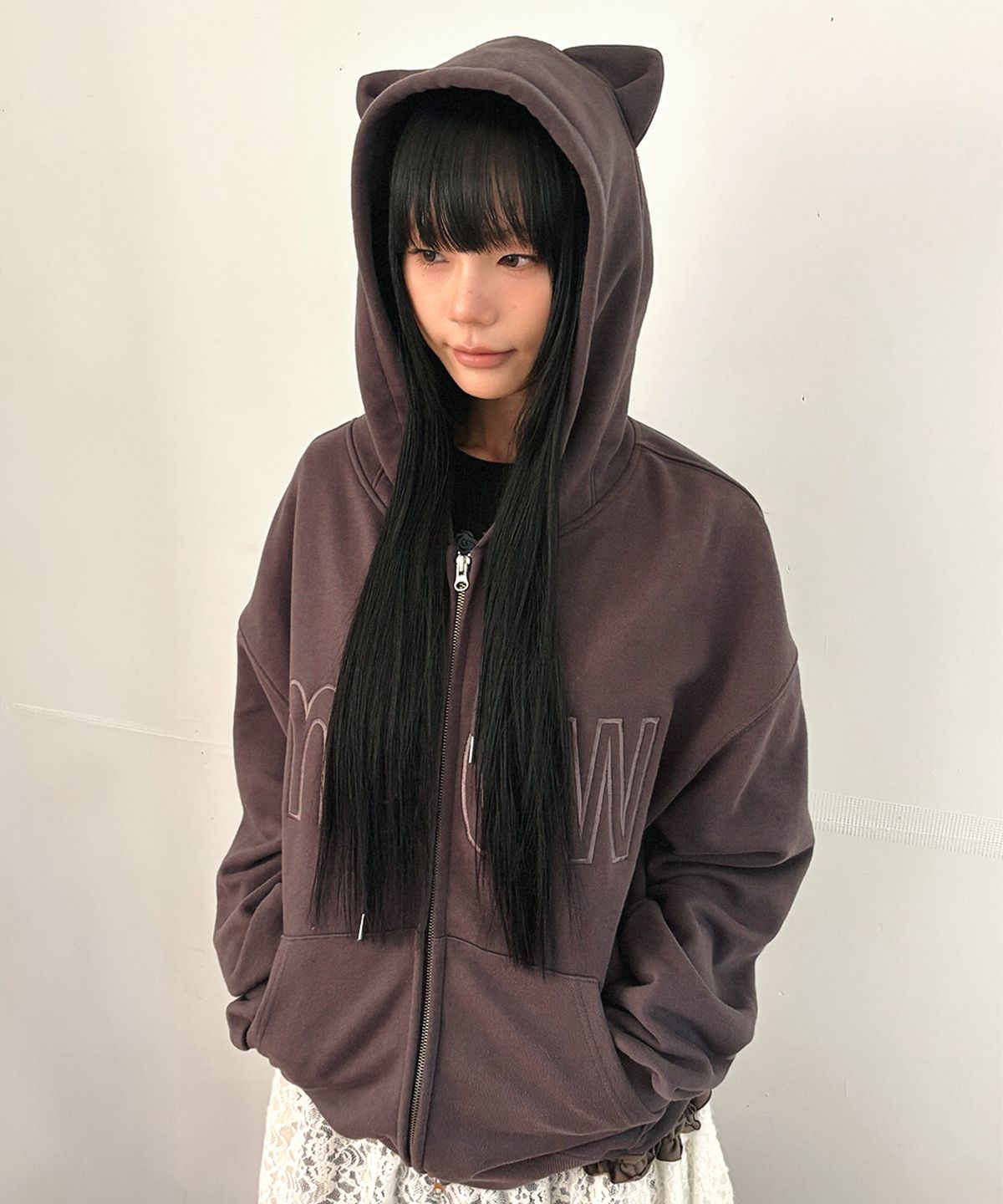 잇자바이브(ITZAVIBE) MEOW CAT EAR HOODIE ZIP UP - CHARCOAL