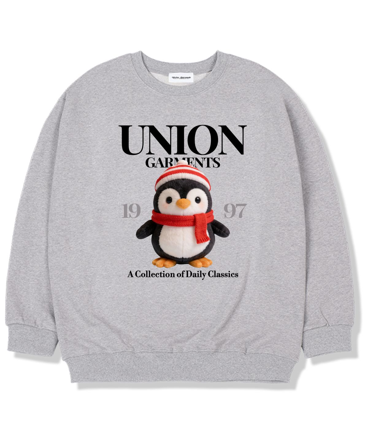 유니온가먼츠(UNION GARMENTS) 레드머플러펭귄 기모안감 오버핏 맨투맨 티셔츠 그레이