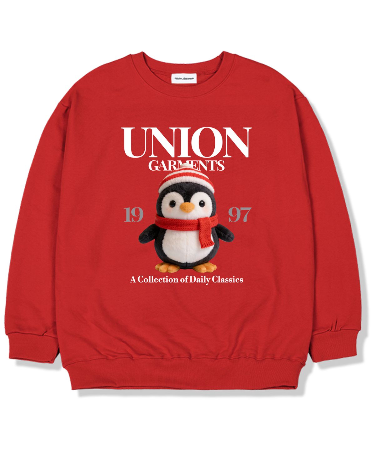 유니온가먼츠(UNION GARMENTS) 레드머플러펭귄 기모안감 오버핏 맨투맨 티셔츠 레드