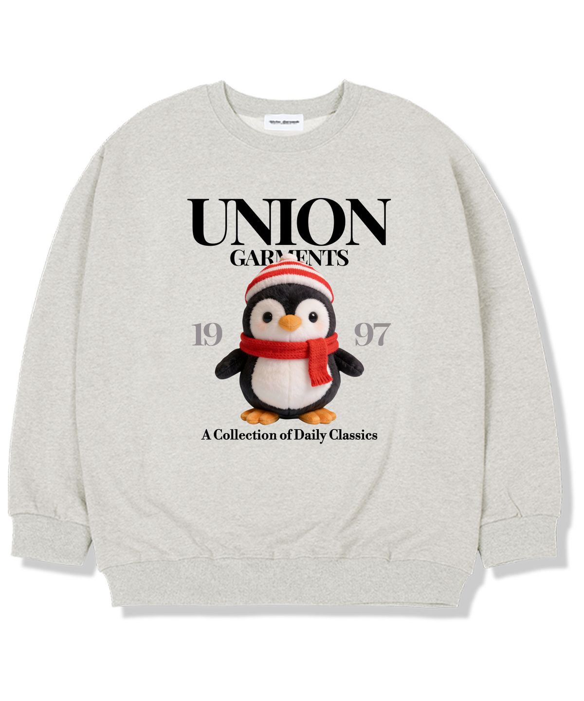 유니온가먼츠(UNION GARMENTS) 레드머플러펭귄 기모안감 오버핏 맨투맨 티셔츠 오트밀