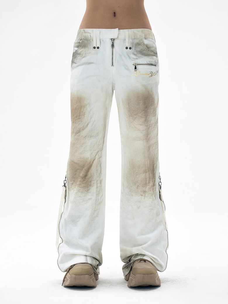 DIRTY WASHED ZIPPER PANTS WHITE