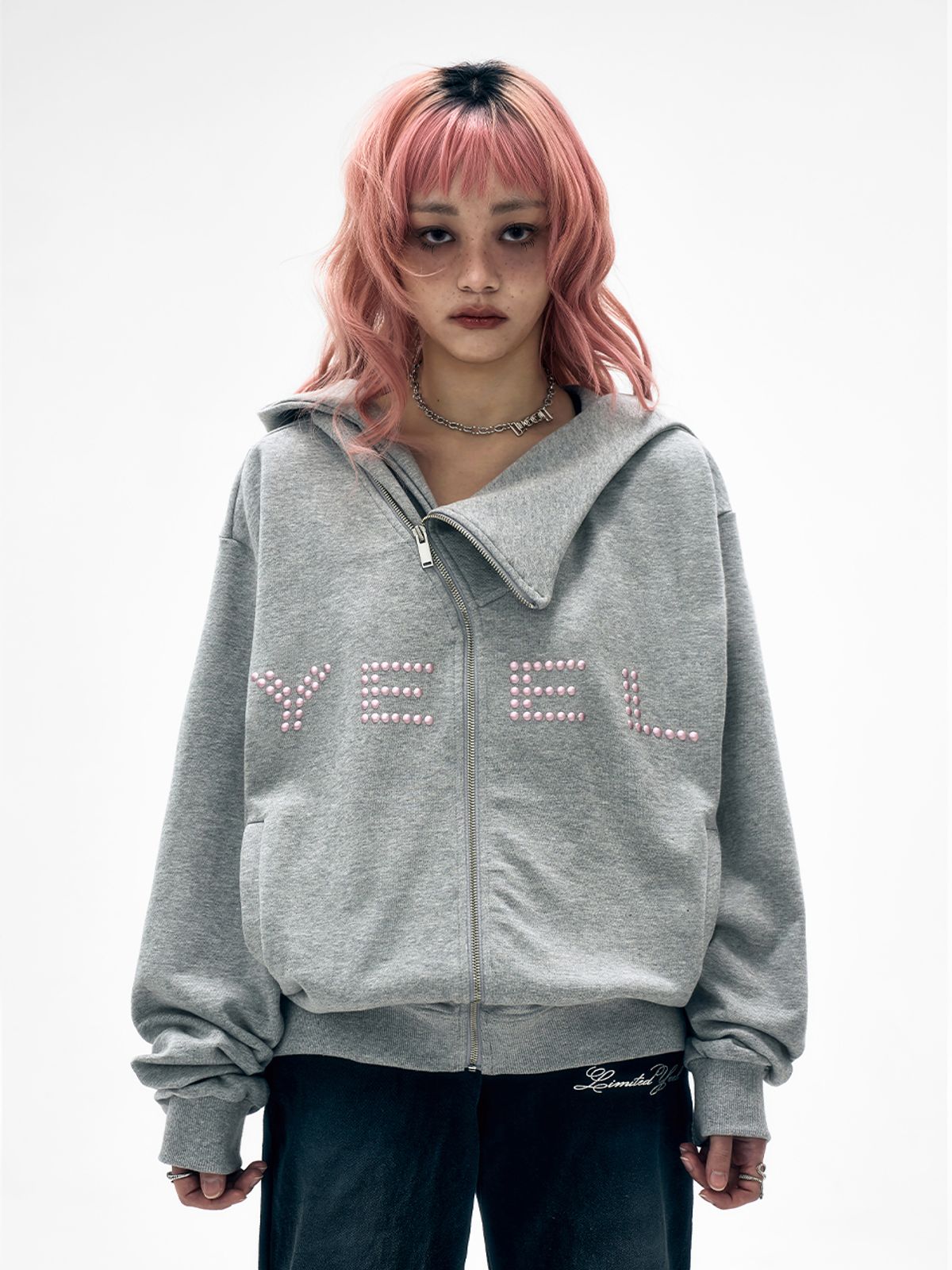 와이이이엘(YEEL) STUDDED Y ZIP-UP HOODIE GREY