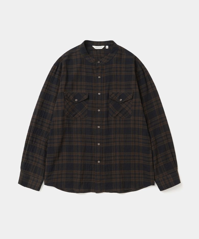band collar check shirt brown