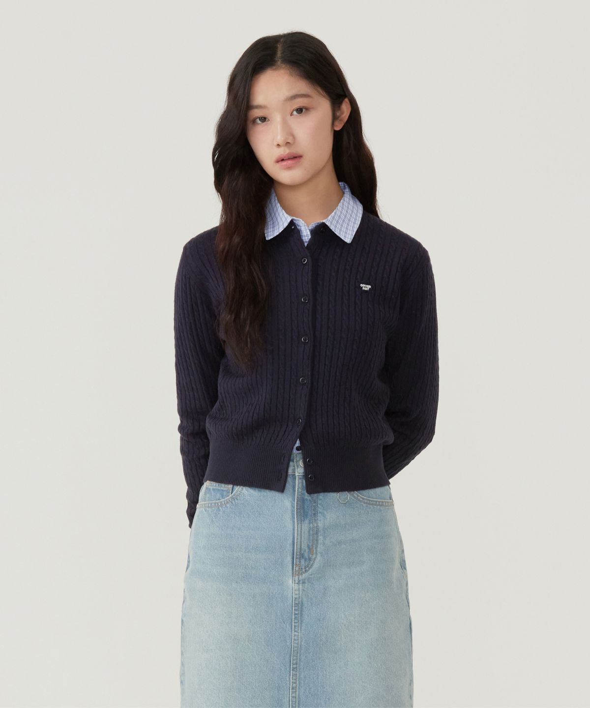 커버낫 우먼(COVERNAT WOMAN) 우먼 클로버하트 케이블 가디건 네이비