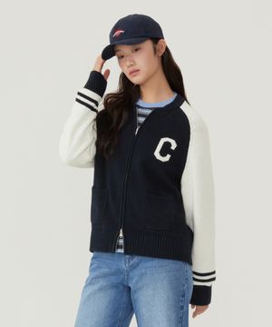 우먼 C 로고 바시티 집업 가디건 네이비