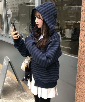 스트라이프 후드 집업-다크 네이비