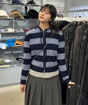 (우먼) 스트라이프 니트 후드 집업-다크 네이비
