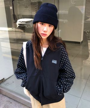 (우먼) 레글런 배색 도트 후드 집업-다크 네이비