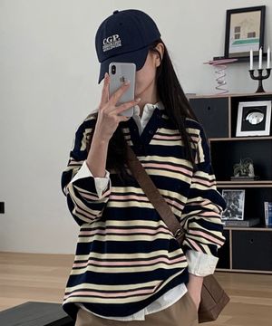 (우먼) 스트라이프 카라 니트-다크 네이비