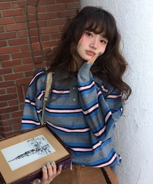 (우먼) 스트라이프 카라 니트-그레이