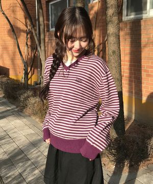 (우먼) 스트라이프 브이넥 니트-퍼플