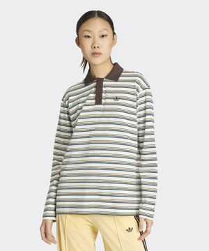 스트라이프 오버사이즈 롱 슬리브 폴로 티셔츠 - 화이트 / KU6081